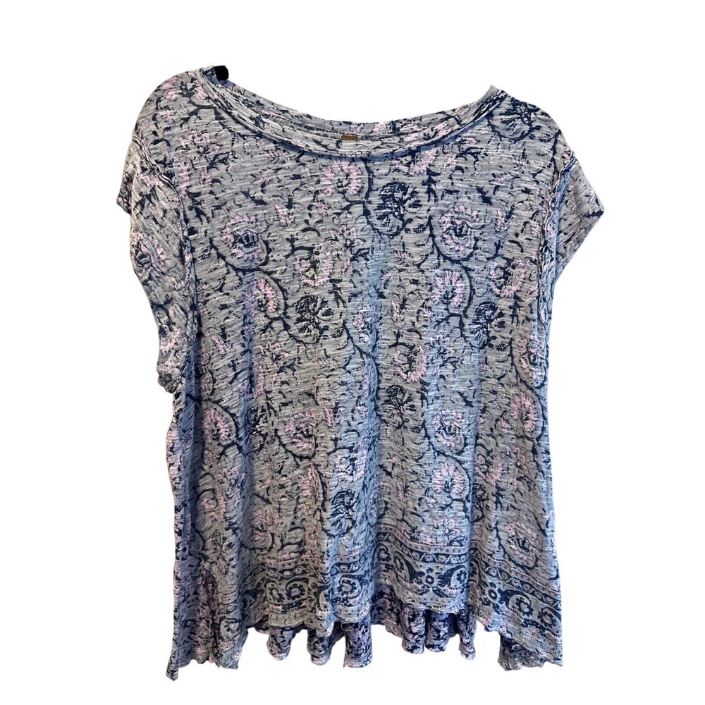 Free People Small S Floral Slub Knit Cap Sleeve Top Purple Grey Boho Raw Hem
